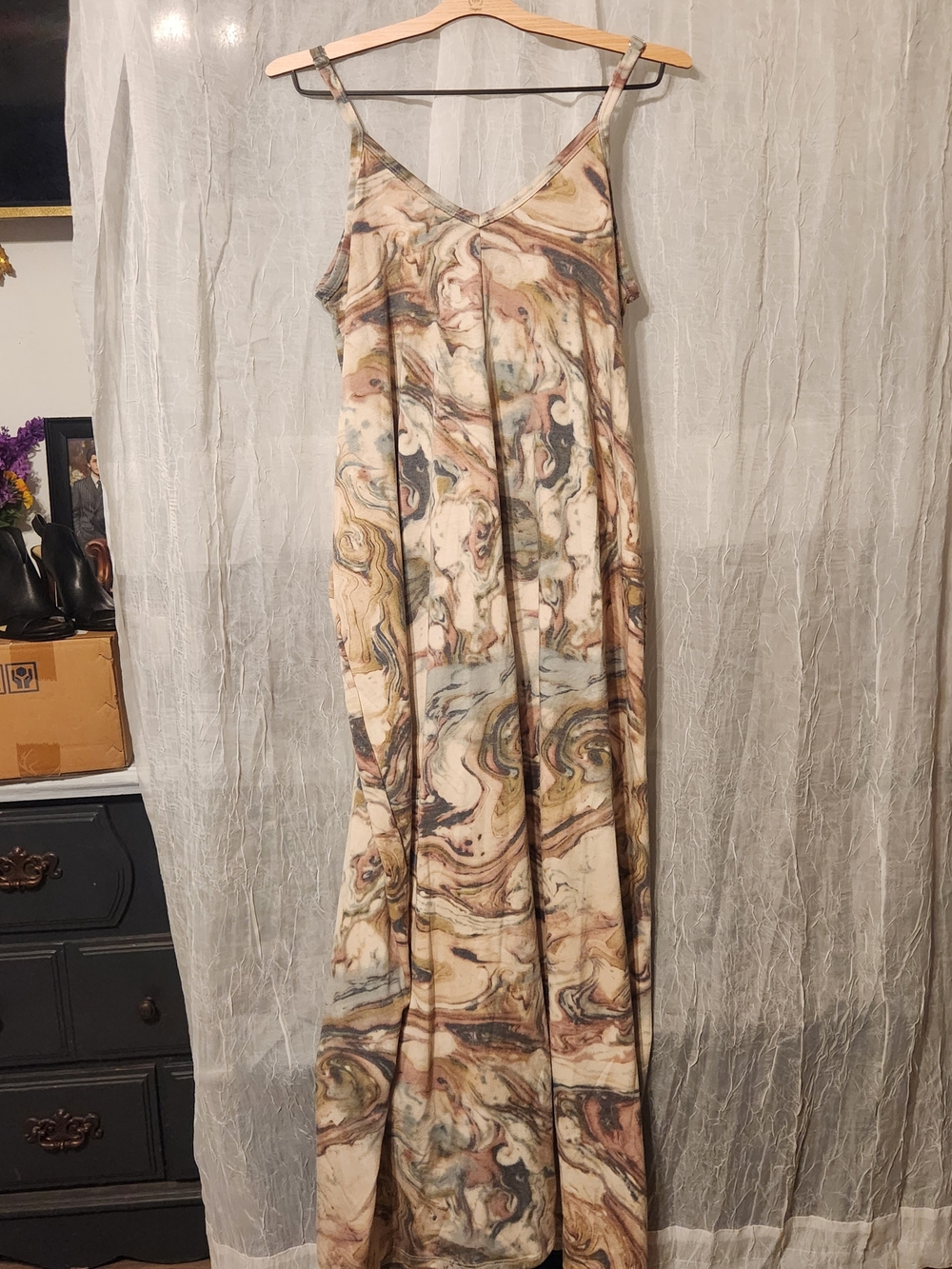 Marble-Print Maxi Slip Dress in Neutral Tones